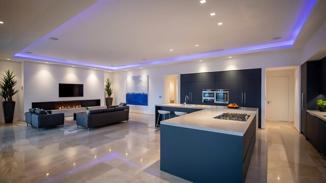 Expansive modern open plan kitchen and living room with integrated led ceiling lighting