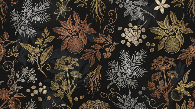Elegant chalk style botanical pattern with golden citrus and juniper on dark background.