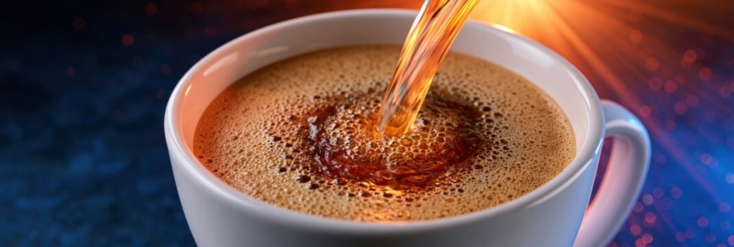 Hot coffee being poured into a white mug with foam, close-up shot with a blurred, glowing background.