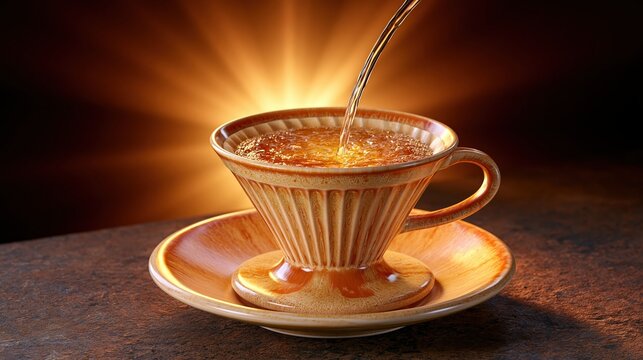 Hot Water Pouring into Coffee Dripper Cup on Saucer, Warm Amber Light Background