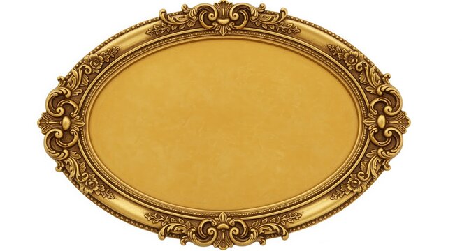 Ornate oval frame with golden baroque scrollwork and intricate carved embellishments. Features a blank cream center, perfect for displaying artwork, photos, or mirrors in vintage-inspired decor.