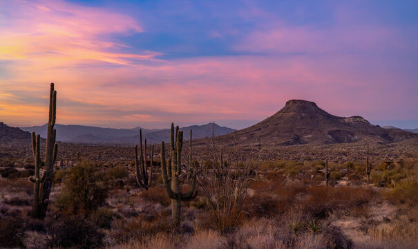 Panoramic View Of Desert Landscape With Butte At Sunset Time In AZ