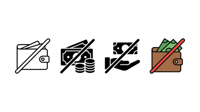 Set of financial icons representing no money or prohibited payment methods on a white background