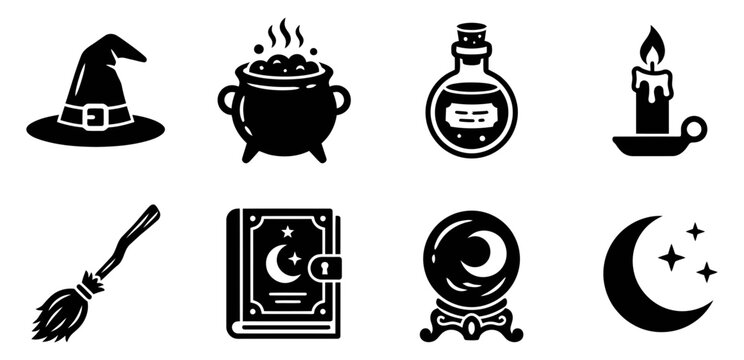 Set of black witchcraft and magic icons for halloween design