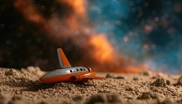Small Toy Airplane Crashed on Sandy Surface with Fiery Nebula Background.