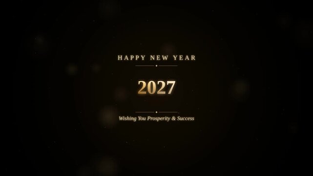 Happy New Year 2027 elegant gold text animation, luxury holiday greeting with bokeh lights, festive celebration background