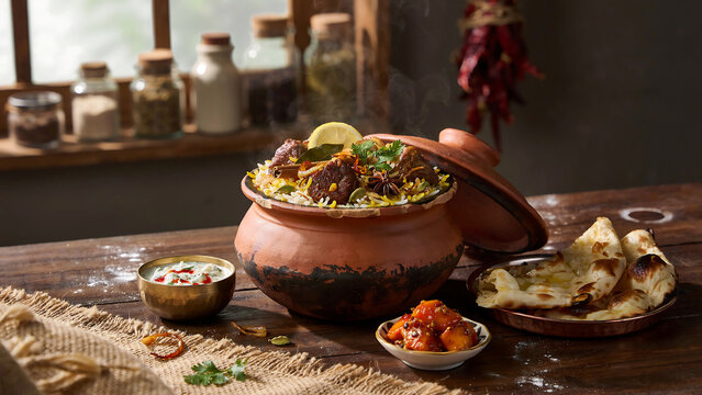Steaming mutton biryani in clay pot with naan bread and raita
