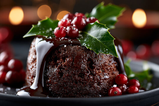 Weihnachtspudding mit Stechpalme steht glasiert auf dunklem Teller