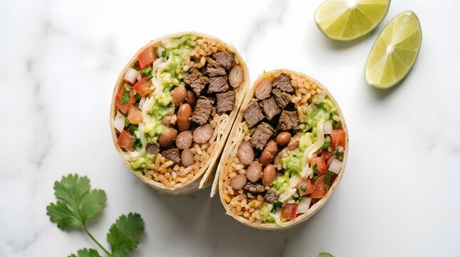 Fresh steak burrito cut in half with cilantro lime and pico de gallo tortilla cilantro culinary delicious homemade background overhead