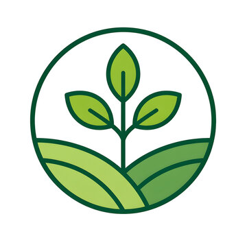 Eco Friendly Nature Logo Icon Featuring a Green Sprout with Three Leaves on Rolling Hills and Soil
