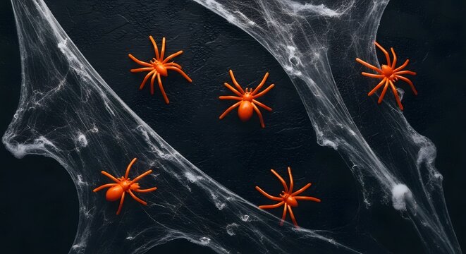 Top view of orange plastic toy spiders on black background with artificial cobwebs
