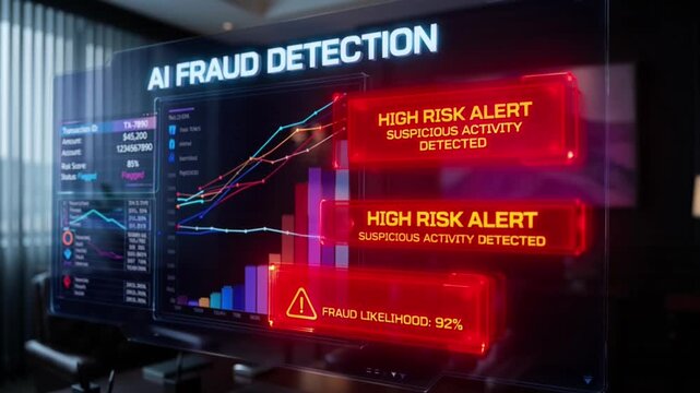 Advanced artificial intelligence security dashboard animation displaying real time banking fraud detection motion graphics data visualization