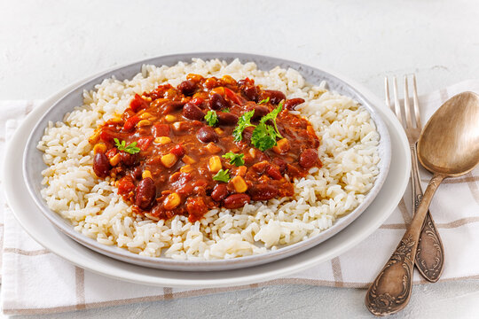 Vegetarian Chili Sin Carne over steamed rice