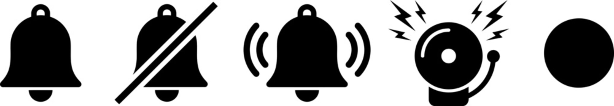 Set of five simple alarm and notification icons with different sound effects