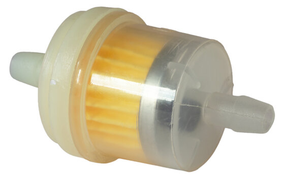 Gssoline fuel filter with a plastic body and yellow element