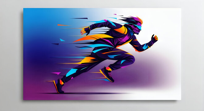 Colorful abstract illustration of a professional runner sprinting with motion blur effects