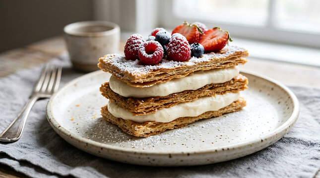Delicious stack of pancakes with fresh berries and whipped cream on a wooden table