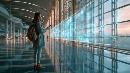 Fototapeta premium Focused woman using smartphone near modern glass building exterior at sunset with modern architectural setting reflective glass panels polished floors