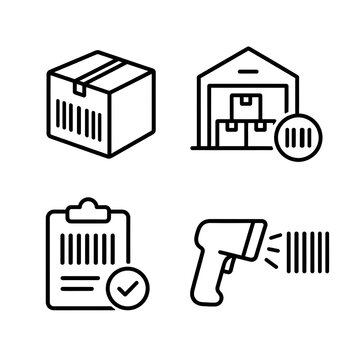 Logistics and Warehouse Inventory Management Icon Set with Barcode Scanner and Shipping Box Outline