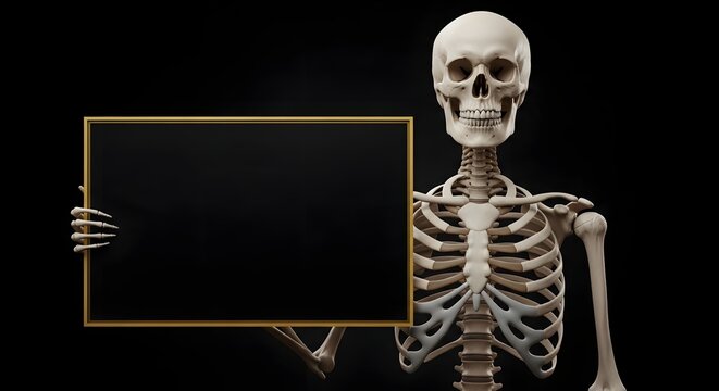 Human skeleton holding an empty black sign board on a black background