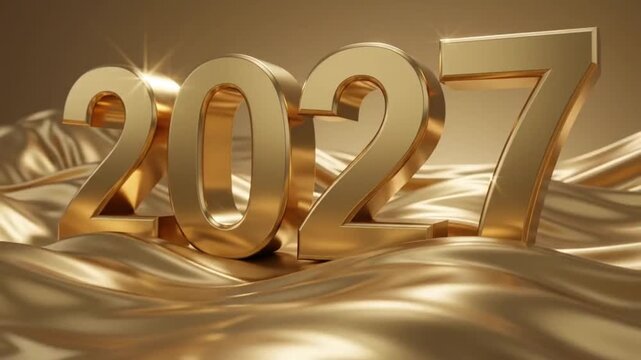 Golden 2027 numbers resting on wavy luxury silk fabric background