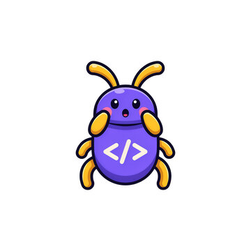 Cute purple pixel art computer bug character with a code symbol on its belly for programming
