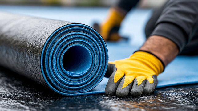 Arbeiter rollt blaue Dachbahn mit gelben Handschuhen auf Flachdach aus