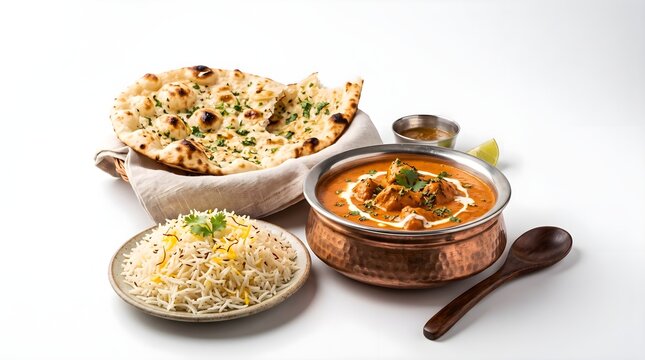 Traditional Indian butter chicken curry served in a copper handi bowl alongside basmati rice and garlic naan bread.