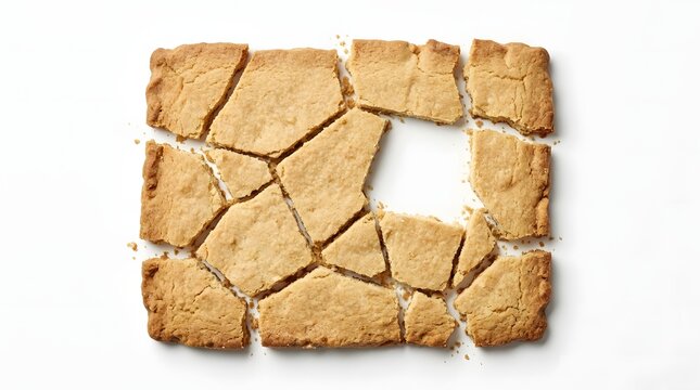 Shattered square shortbread cookie arranged in puzzle pieces on a white background showcasing missing elements for creative food concept illustrations