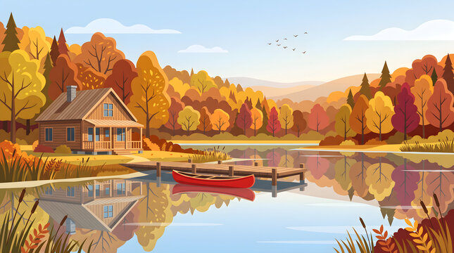 Autumn Landscape with Wooden Cabin Lake Dock and Canoe Illustration