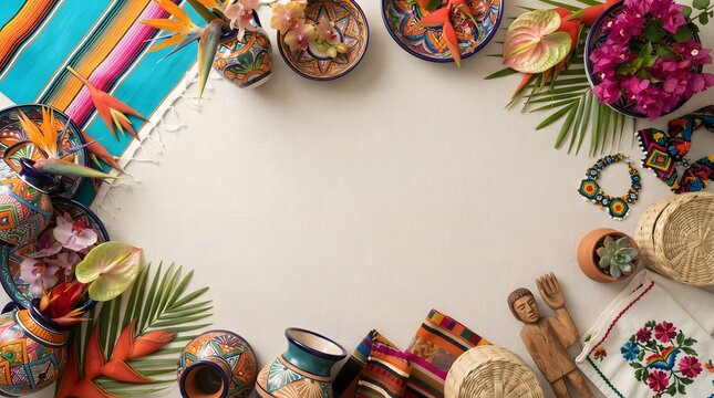 Flat lay composition with traditional Mexican crafts and colorful flowers on white background.
