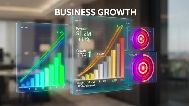 Business growth analytical dashboard showing interactive charts and dynamic financial data in this motion video footage