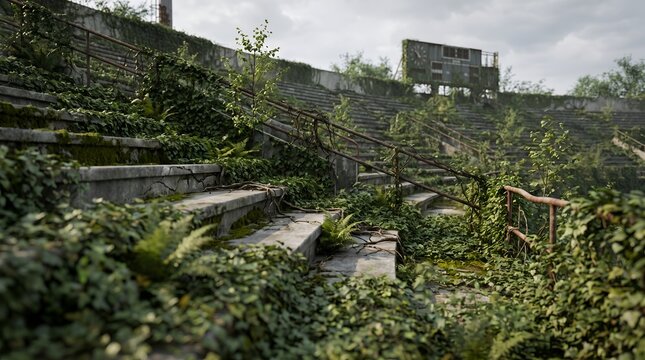Abandoned stadium bleachers overgrown with wild plants and moss