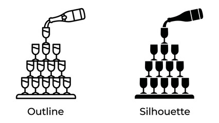 Champagne Tower Illustration: A stylized illustration depicting a champagne tower, showcasing both an outline and silhouette version of glasses filled with bubbly beverage. © Nirob