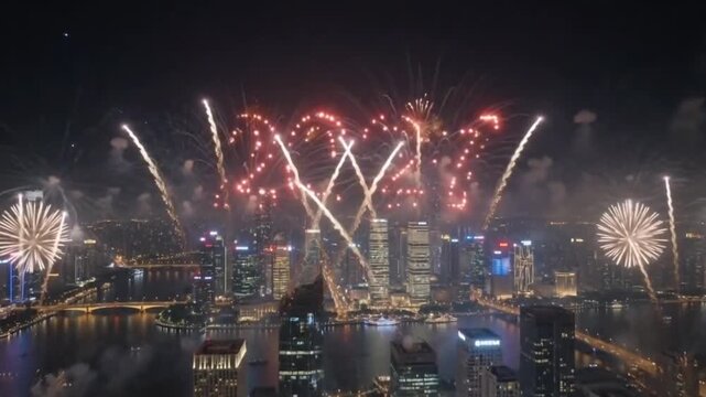 Bright fireworks exploding over a modern city skyline at night