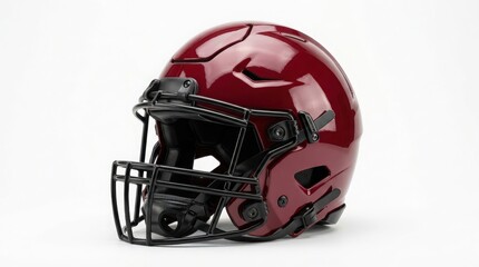 Fototapeta premium Shiny dark red american football helmet with black protective face mask for sports games