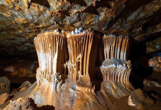 Natural cave interior with unique rock formations and mineral textures