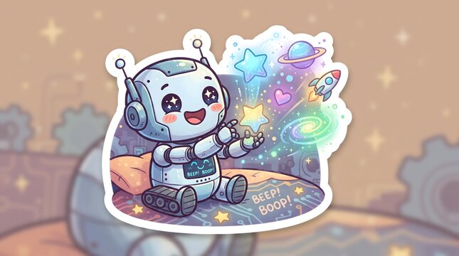 A playful illustration of a cute AI robot with a cat companion in a colorful sticker style, perfect for creative and digital design projects.