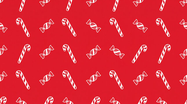 A festive seamless pattern featuring white candy canes and wrapped candies on a vibrant red background.