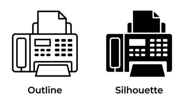 Fax Machine Outline and Silhouette: A clear outline and a solid silhouette graphic representation of a classic fax machine, showcasing its design and functionality.