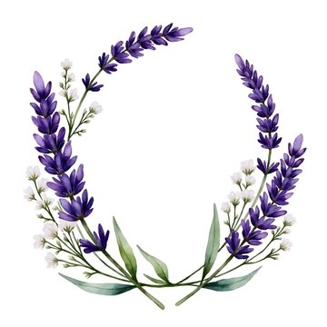 Watercolor provence lavender floral wreath mockup, rustic purple botanical border with white baby's breath for wedding invitation