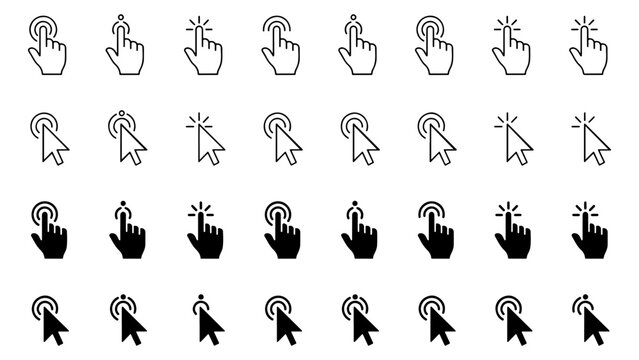 Clicking mouse cursors with hand pointers and computer arrow icons on white background.
