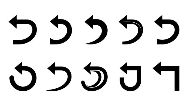 Diverse collection of black back and undo arrow icons for interface design and navigation.