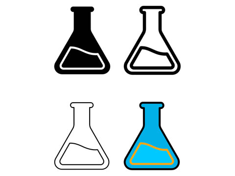 Laboratory flask vector icon set in solid, outline, and doodle styles, chemistry experiment symbols