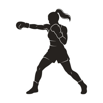 Dynamic silhouette of a female boxer in powerful throwing punch pose, high-energy athletic action silhouette vector illustration
