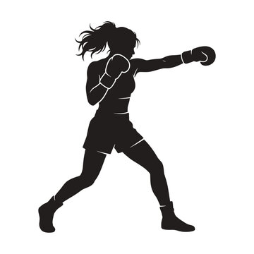 Dynamic silhouette of a female boxer in powerful throwing punch action, intense athletic silhouette, black and white vector illustration