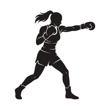 Dynamic silhouette of female boxer throwing a powerful punch in athletic stance, black and white vector illustration