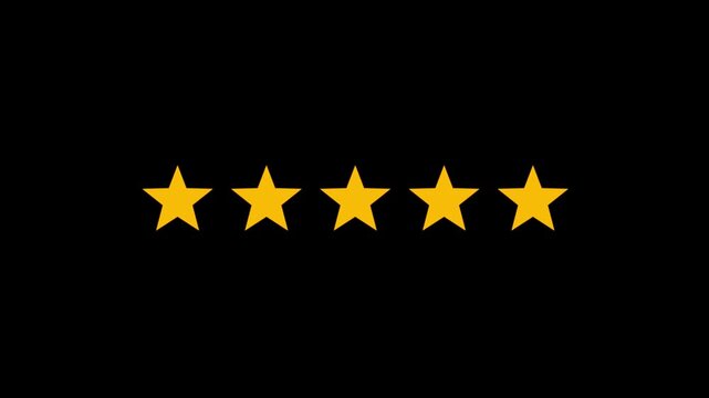 Golden glowing five star rating icon animation for customer reviews, feedback, satisfaction, award and quality concept