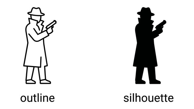 Detective Duo: An iconic detective figure depicted in both a crisp outline and a bold silhouette, weapon in hand, embodying mystery and intrigue.