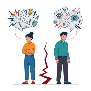 Couple arguing with broken speech bubbles, relationship conflict, communication breakdown